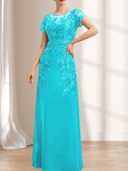 Vestido de madre de la novia de gasa con encaje, escote redondo, ilusión, largo hasta el suelo, con lentejuelas