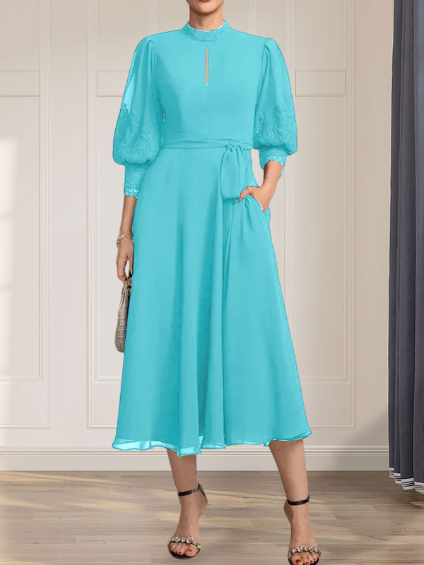 A-Linien-Kleid mit hohem Halsausschnitt und bodenlangem Spitzenchiffonkleid mit Schleife