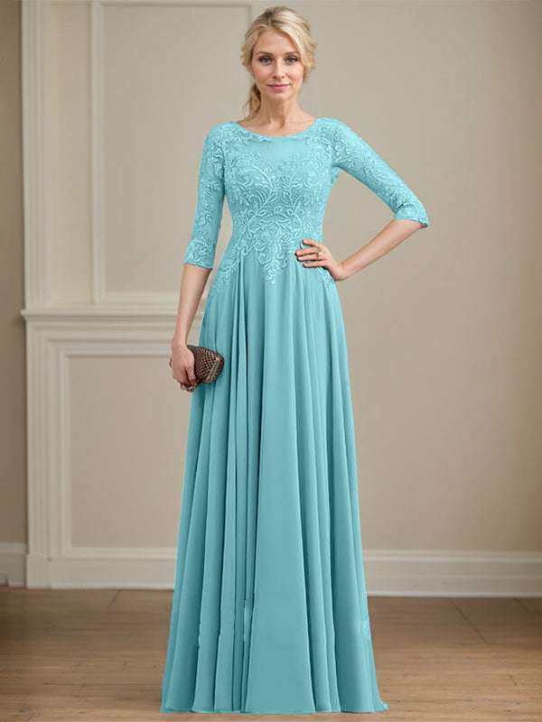 Vestido de gasa con encaje y lentejuelas para madre de la novia, corte A, escote ilusión, largo hasta el suelo