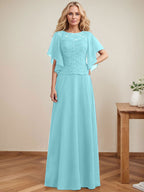 Vestido de gasa con encaje y lentejuelas para madre de la novia, corte A, escote ilusión, largo hasta el suelo