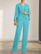 Vestido de gasa para madre de la novia, con escote en V y largo hasta el suelo, de mono/pantalón separado