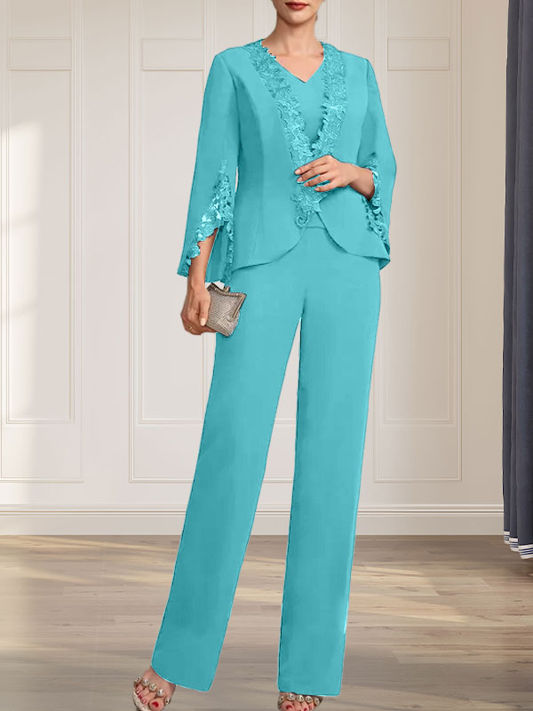 Vestido de gasa para madre de la novia, con escote en V y largo hasta el suelo, de mono/pantalón separado