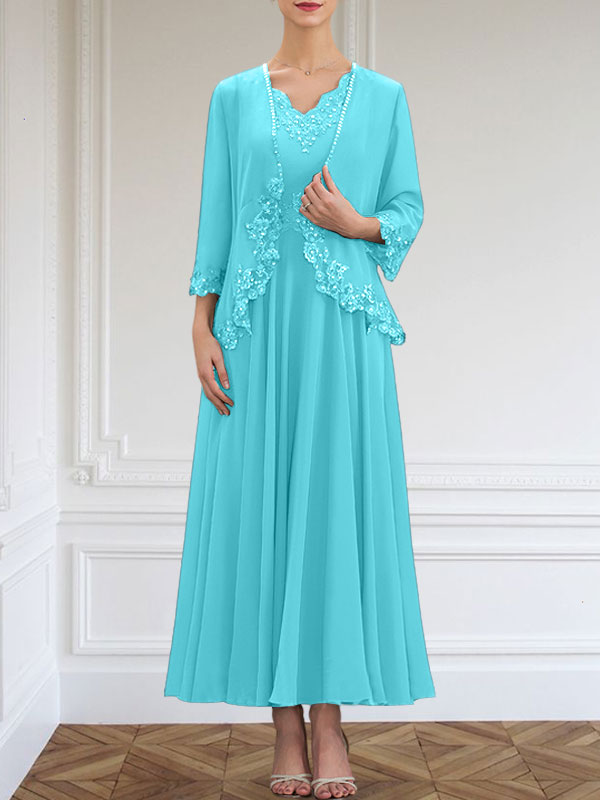 Vestido de gasa para madre de la novia, corte A, escote en V, largo hasta los tobillos, con apliques de lentejuelas, encaje y cuentas