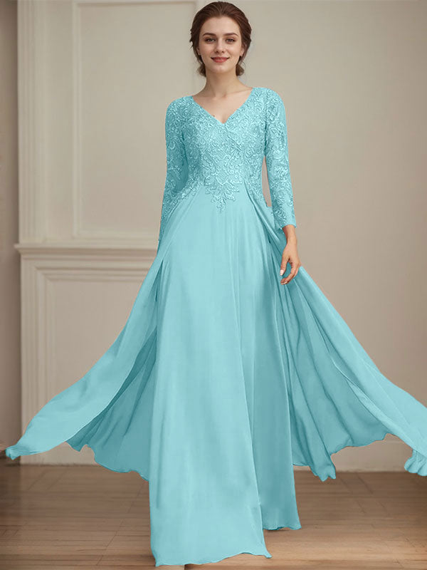 Vestido de madre de la novia de gasa con encaje, escote en V y lentejuelas, largo hasta el suelo