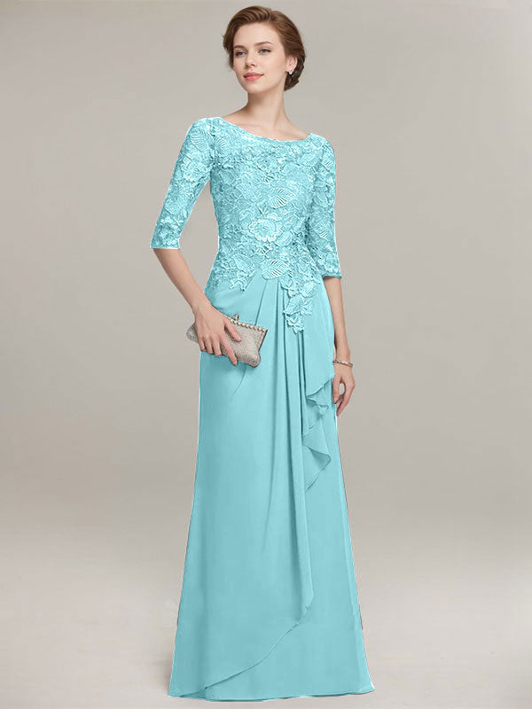 Vestido de gasa con encaje, corte A, escote ilusión, largo hasta el suelo, para madre de la novia con volantes en cascada