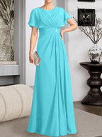 Vestido de gasa para madre de la novia con corte en A, escote redondo y largo hasta el suelo, con cuentas plisadas