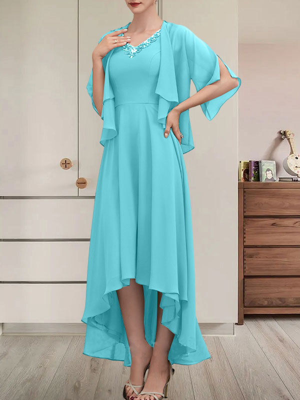 A-Linien-Kleid mit V-Ausschnitt, asymmetrischem Chiffon für die Brautmutter mit Perlen und Pailletten