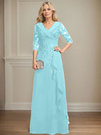 Vestido de madre de la novia de gasa con encaje, escote en V, corte A y largo hasta el suelo, con lentejuelas y volantes en cascada