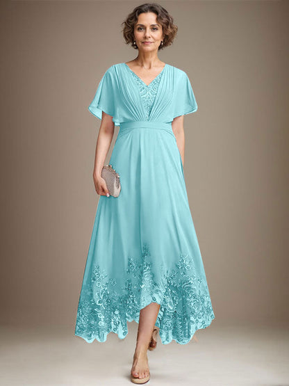 A-line V-Neck Asymmetrical Lace Chiffon Mother of the Bride Dress With Pleated