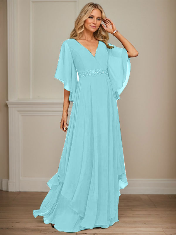 Vestido de gasa para madre de la novia, corte A, escote en V, largo hasta el suelo, con apliques de lentejuelas, encaje y abalorios