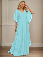 Vestido de gasa para madre de la novia, corte A, escote en V, largo hasta el suelo, con apliques de lentejuelas, encaje y abalorios