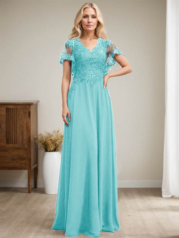 Vestido de madre de la novia de gasa con encaje, escote en V y lentejuelas, largo hasta el suelo
