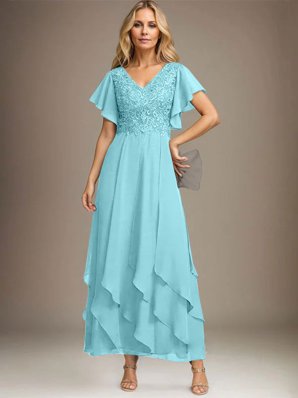 Vestido de gasa con encaje y escote en V hasta los tobillos para madre de la novia con volantes en cascada
