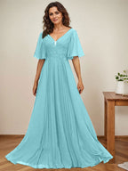 Vestido de gasa para madre de la novia, corte A, escote en V, largo hasta el suelo, con apliques de lentejuelas y encaje plisado
