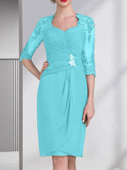 Vestido de gasa para madre de la novia con escote corazón, largo hasta la rodilla, con apliques de cuentas, encaje y lentejuelas plisado.