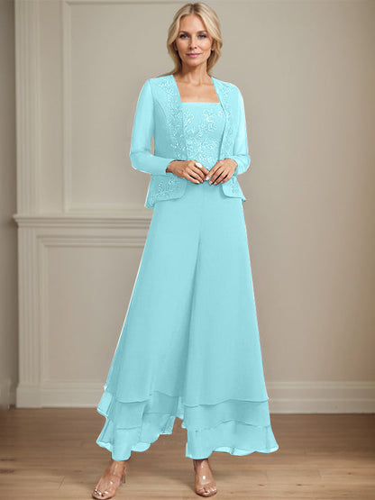 Separates Jumpsuit/Hosenanzug Quadratisches Knöchellanges Spitzenchiffonkleid für die Brautmutter mit Pailletten 