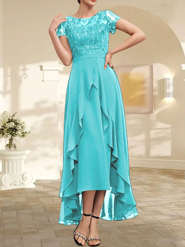 Vestido de madre de la novia de gasa asimétrica con escote en A, ilusión, encaje, lazo, volante y lentejuelas