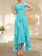 Vestido de madre de la novia de gasa asimétrica con escote en A, ilusión, encaje, lazo, volante y lentejuelas