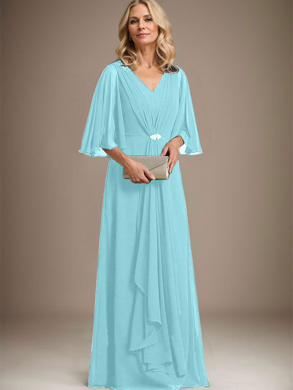 Vestido de gasa para madre de la novia, corte A, escote en V, largo hasta el suelo, con volantes en cascada y broche de cristal
