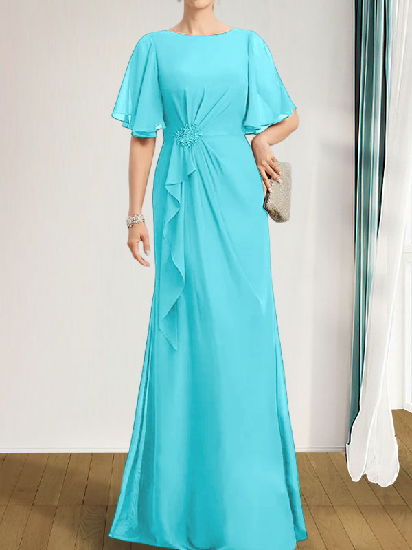 Vestido de gasa para madre de la novia, corte A, escote redondo, largo hasta el suelo, con volantes en cascada, cuentas y lentejuelas