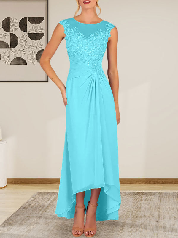 Vestido de gasa con encaje y escote redondo en forma de A color champán