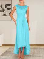 Vestido de gasa con encaje y escote redondo en forma de A color champán