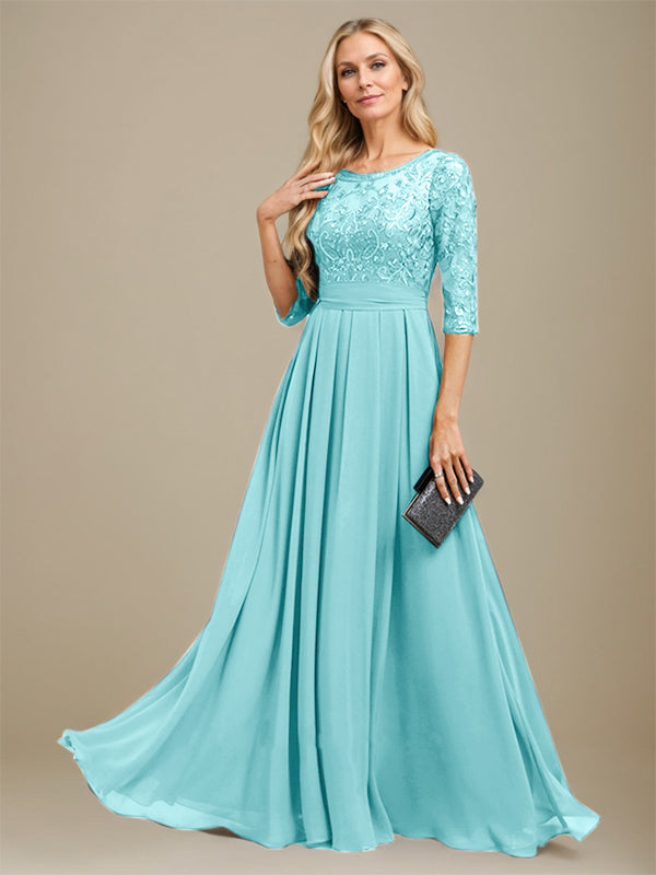 Vestido de madre de la novia de gasa con encaje, corte A, largo hasta el suelo y apliques de lentejuelas