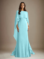 Vestido de gasa para madre de la novia, largo hasta el suelo, con escote barco y corte tubo/columna y volantes en cascada