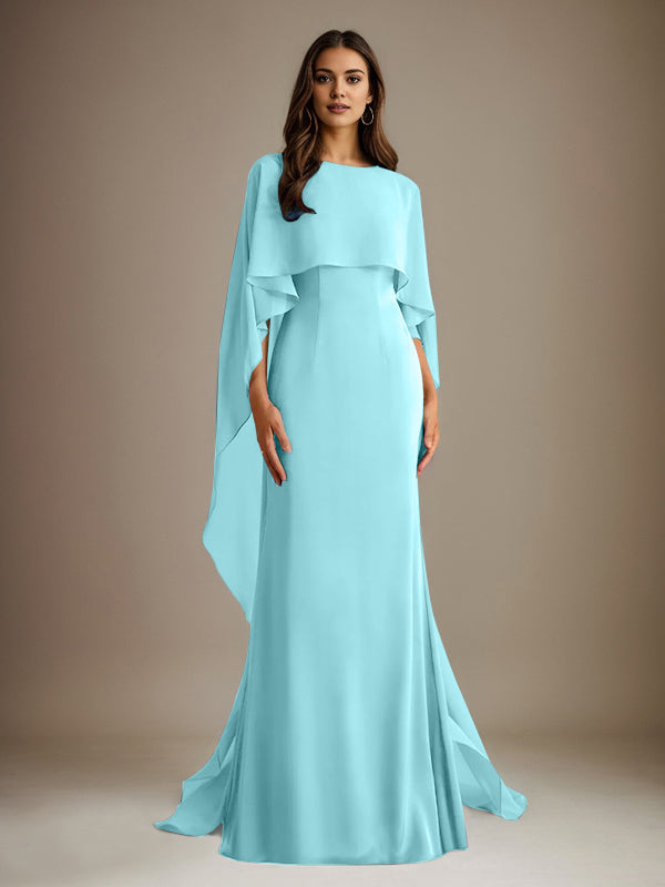 Vestido de gasa para madre de la novia, largo hasta el suelo, con escote barco y corte tubo/columna y volantes en cascada