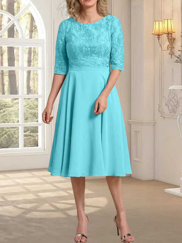 Vestido de gasa con encaje y escote redondo hasta la rodilla para madre de la novia