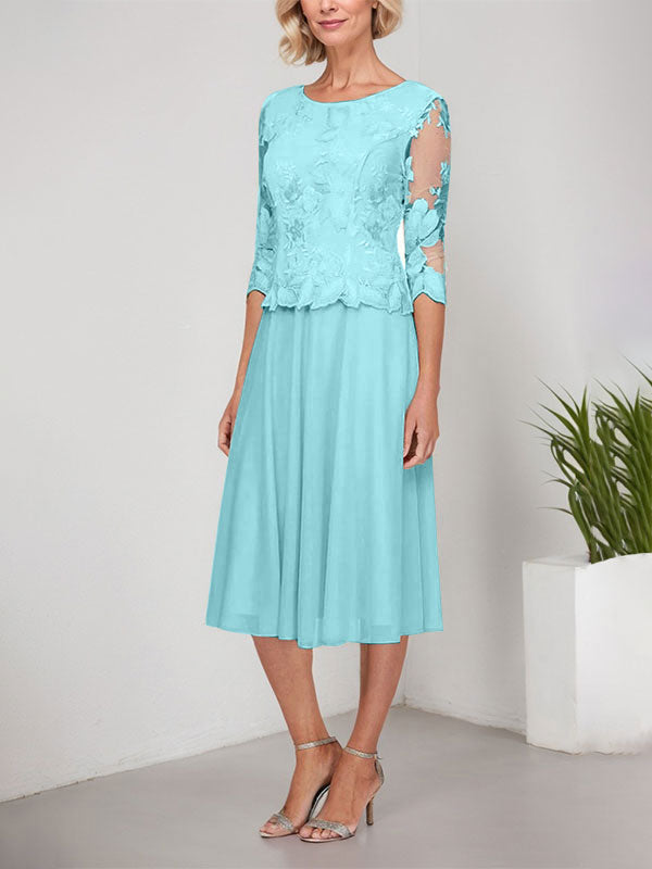 Vestido de gasa con encaje y bordado para madre de la novia, corte A, escote redondo y largo hasta la rodilla