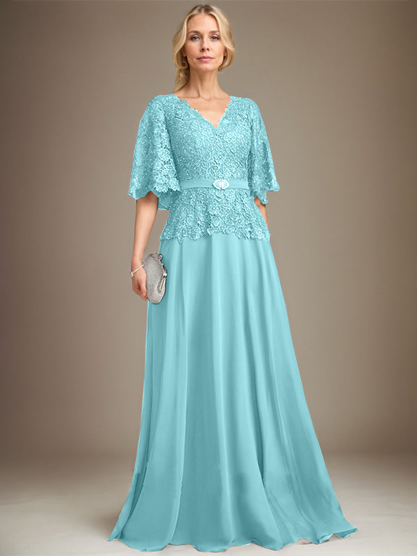A-Linie V-Ausschnitt Bodenlanges Chiffon-Spitzenkleid für die Brautmutter mit Kristallbrosche und Strass 