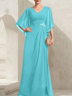 Vestido de gasa para madre de la novia, con escote en V, largo hasta el suelo, con lentejuelas plisadas y abalorios