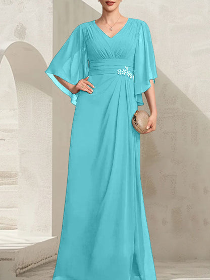 Etui-Linie/Säule V-Ausschnitt Bodenlang Chiffon Kleid für die Brautmutter mit Plissee Pailletten Perlenbesatz