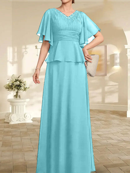 A-Linien-Kleid aus Chiffon mit V-Ausschnitt und bodenlangem Schnitt für die Brautmutter mit plissierten Perlen