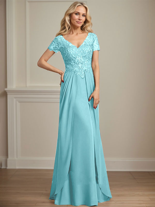 Vestido de gasa con encaje y escote en V hasta el suelo para madre de la novia