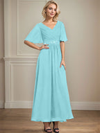 Vestido de gasa para madre de la novia con escote en V, largo hasta los tobillos, corte A y lentejuelas plisadas con cuentas