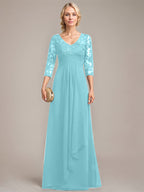 A-Linie V-Ausschnitt Bodenlanges Spitzen-Chiffon-Kleid für die Brautmutter mit kaskadierenden Rüschen und Pailletten 