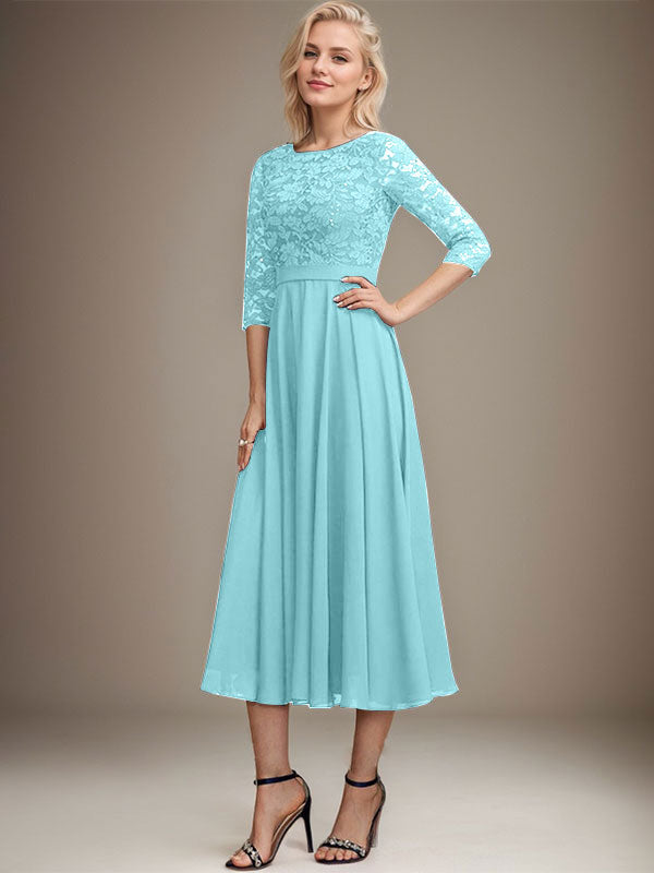Vestido de gasa con encaje y lentejuelas para madre de la novia, corte A, escote redondo y largo hasta la rodilla