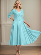 A-Linie V-Ausschnitt Wadenlanges Chiffon-Spitzenkleid für die Brautmutter mit Perlen und Pailletten 