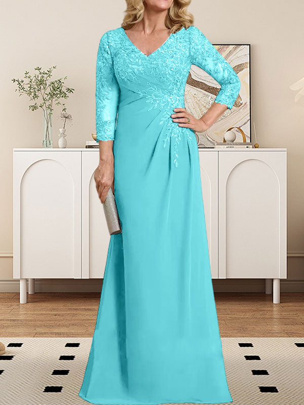 Vestido de madre de la novia de gasa con encaje, escote en V, ilusión, largo hasta el suelo, con lentejuelas plisadas