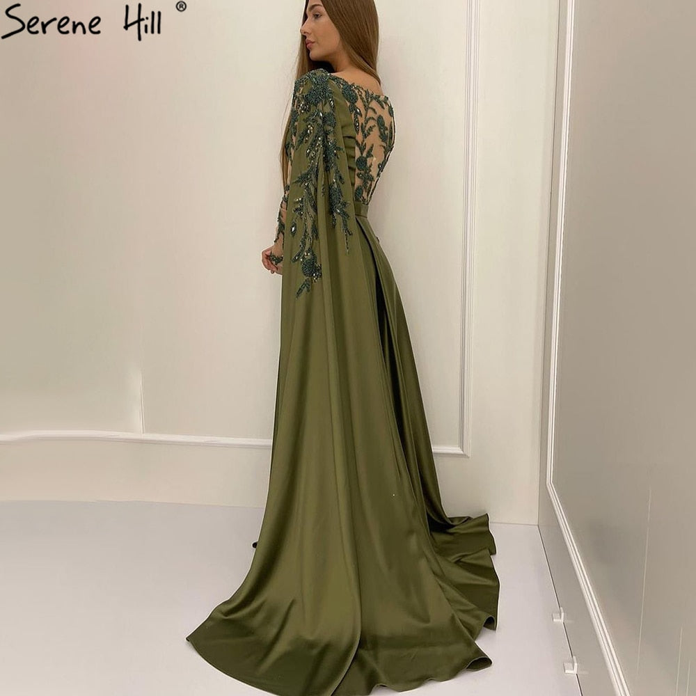 On Sale no return no refund Sale Arabic One Shoulder Olive Green Muslim Evening Dress with Cape Long Sleeves Women Wedding Party Gowns Elegant Plus Size LA70985