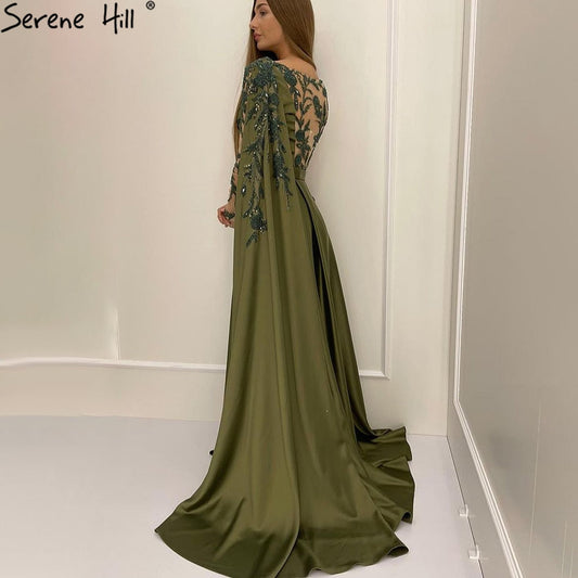 Vestido de noche musulmán verde oliva de un solo hombro con capa y mangas largas, elegante, para mujer, para fiesta de boda, talla grande, LA70985 
