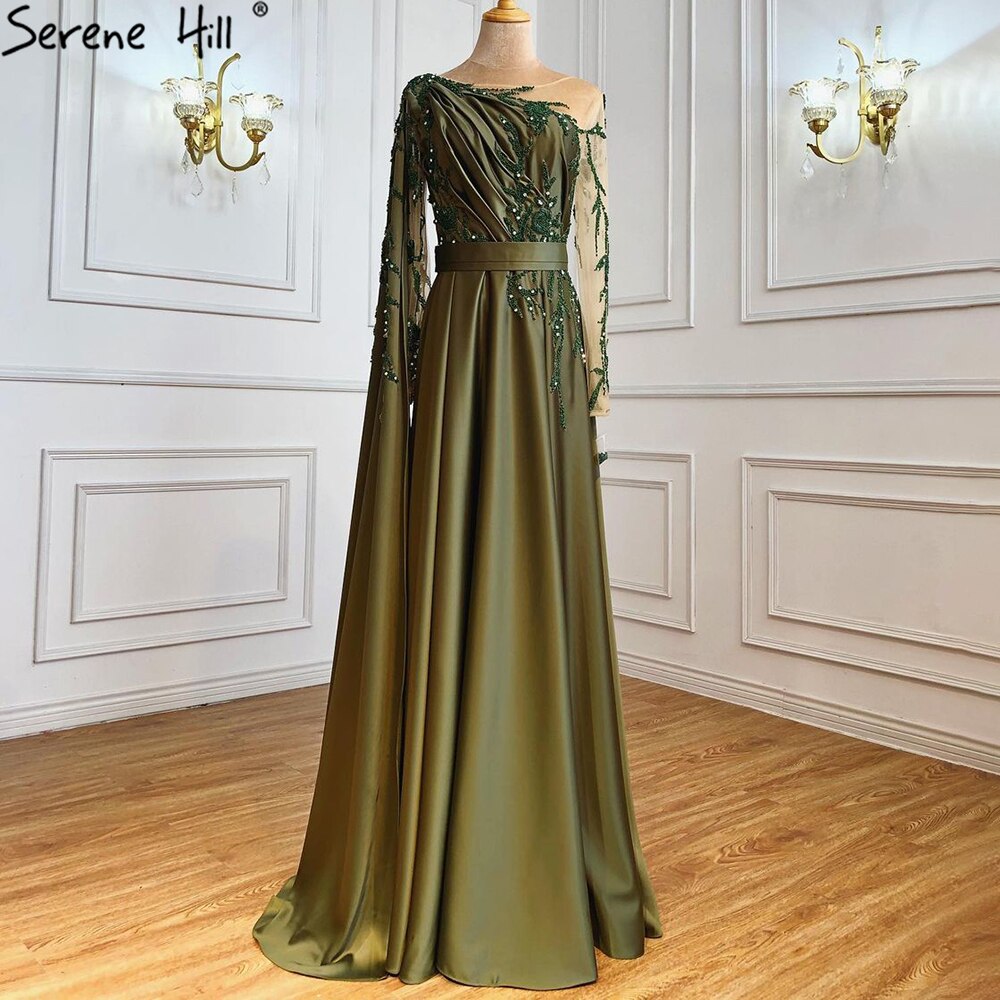 On Sale no return no refund Sale Arabic One Shoulder Olive Green Muslim Evening Dress with Cape Long Sleeves Women Wedding Party Gowns Elegant Plus Size LA70985