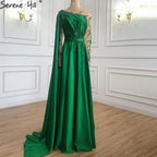 On Sale no return no refund Sale Arabic One Shoulder Olive Green Muslim Evening Dress with Cape Long Sleeves Women Wedding Party Gowns Elegant Plus Size LA70985