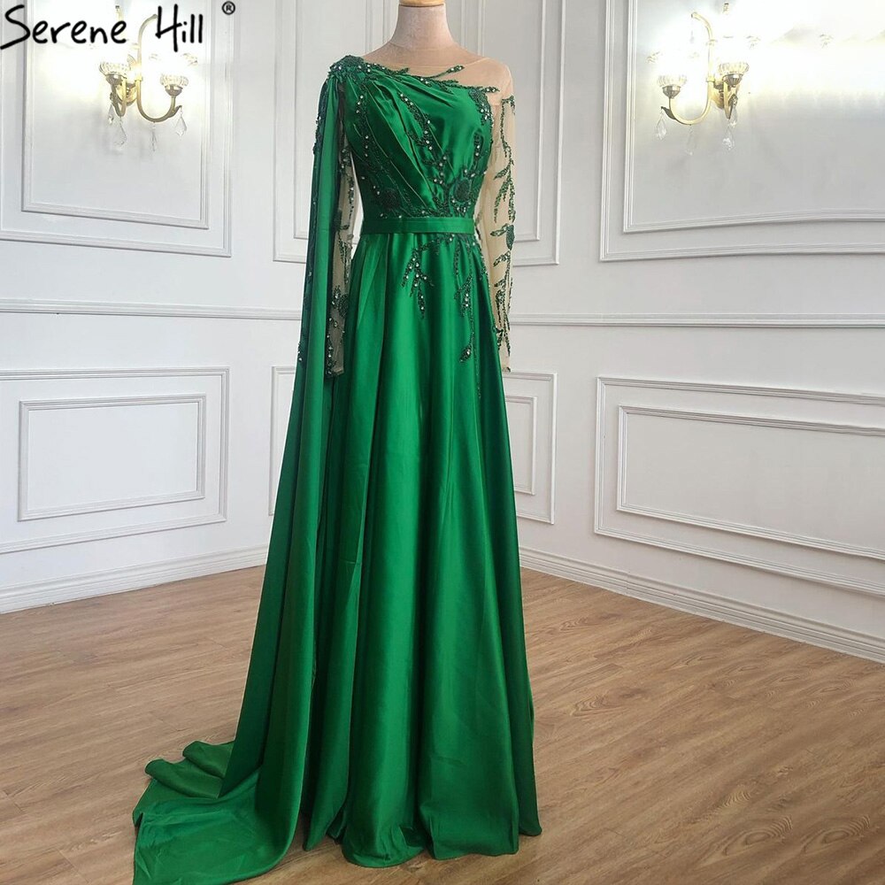 On Sale no return no refund Sale Arabic One Shoulder Olive Green Muslim Evening Dress with Cape Long Sleeves Women Wedding Party Gowns Elegant Plus Size LA70985