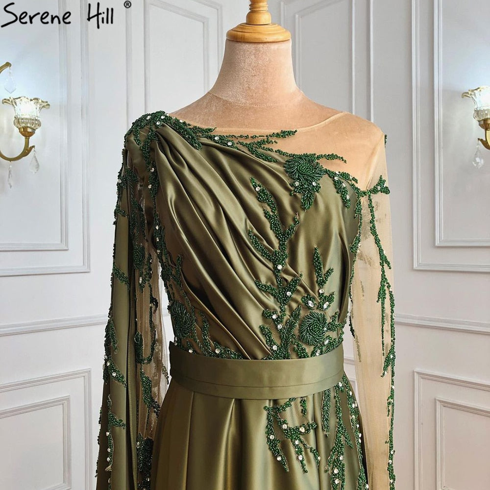 On Sale no return no refund Sale Arabic One Shoulder Olive Green Muslim Evening Dress with Cape Long Sleeves Women Wedding Party Gowns Elegant Plus Size LA70985