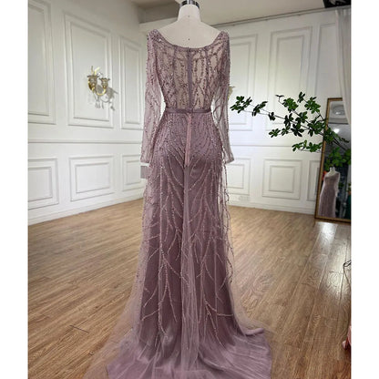 Vestidos de noche largos de lujo de Dubái, con abertura alta, color rosa árabe y cuentas, para mujer, para fiesta de bodas 2025 LA71917