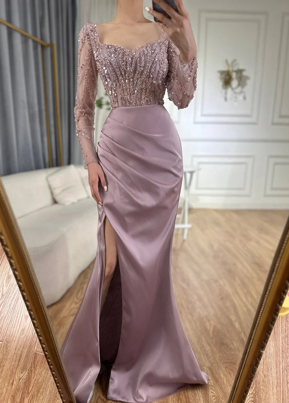 Vestidos de noche largos de lujo de Dubái, con abertura alta, color rosa árabe y cuentas, para mujer, para fiesta de bodas 2025 LA71917