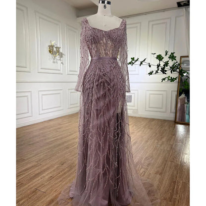 Vestidos de noche largos de lujo de Dubái, con abertura alta, color rosa árabe y cuentas, para mujer, para fiesta de bodas 2025 LA71917